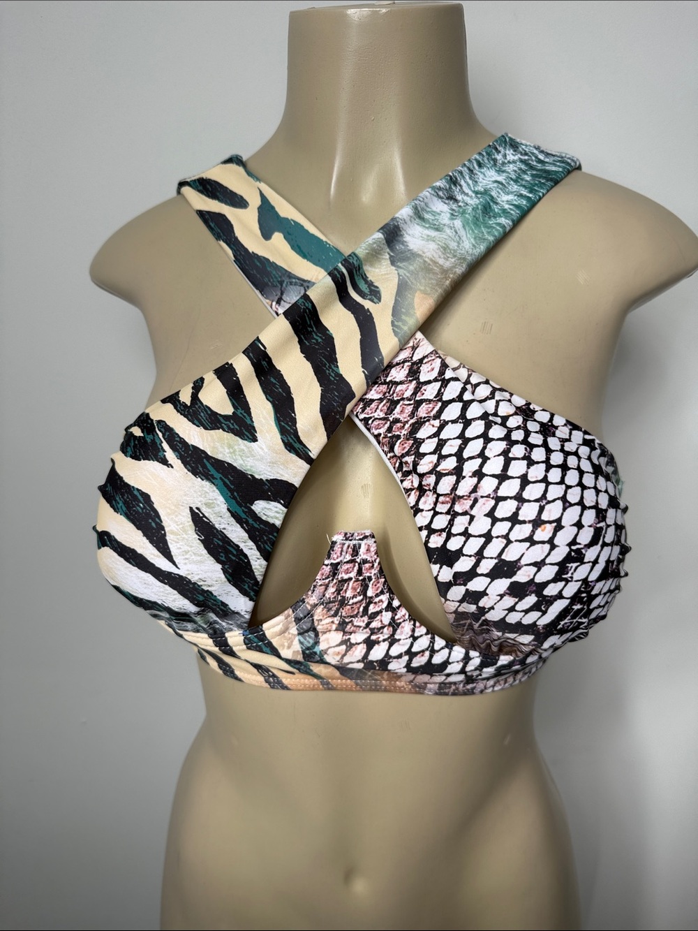 SHEIN Teal Cream and Black Animal Print Cross-Front Bikini Top